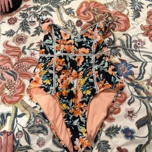 Lucky Brand Floral One Piece Swimsuit - Black and Orange